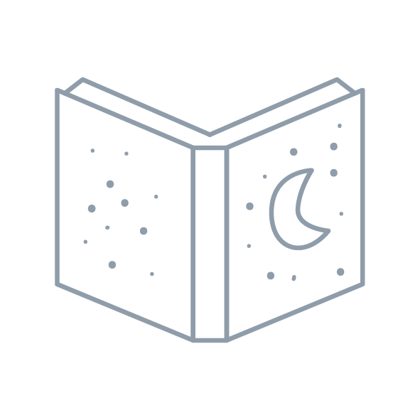 Illustration of an open book with a moon and stars on the book jacket