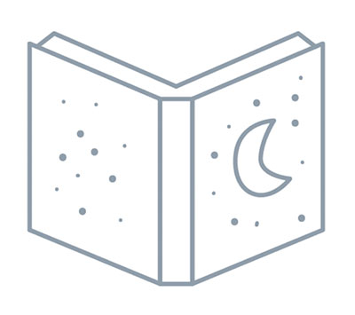 An open book with a moon and stars on the cover